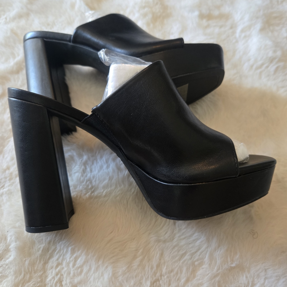 BAMBOO Black Platform Mules with Peep Toe